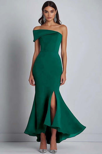 Navy Satin Off the Shoulder Sheath Long Formal Dress with Slit