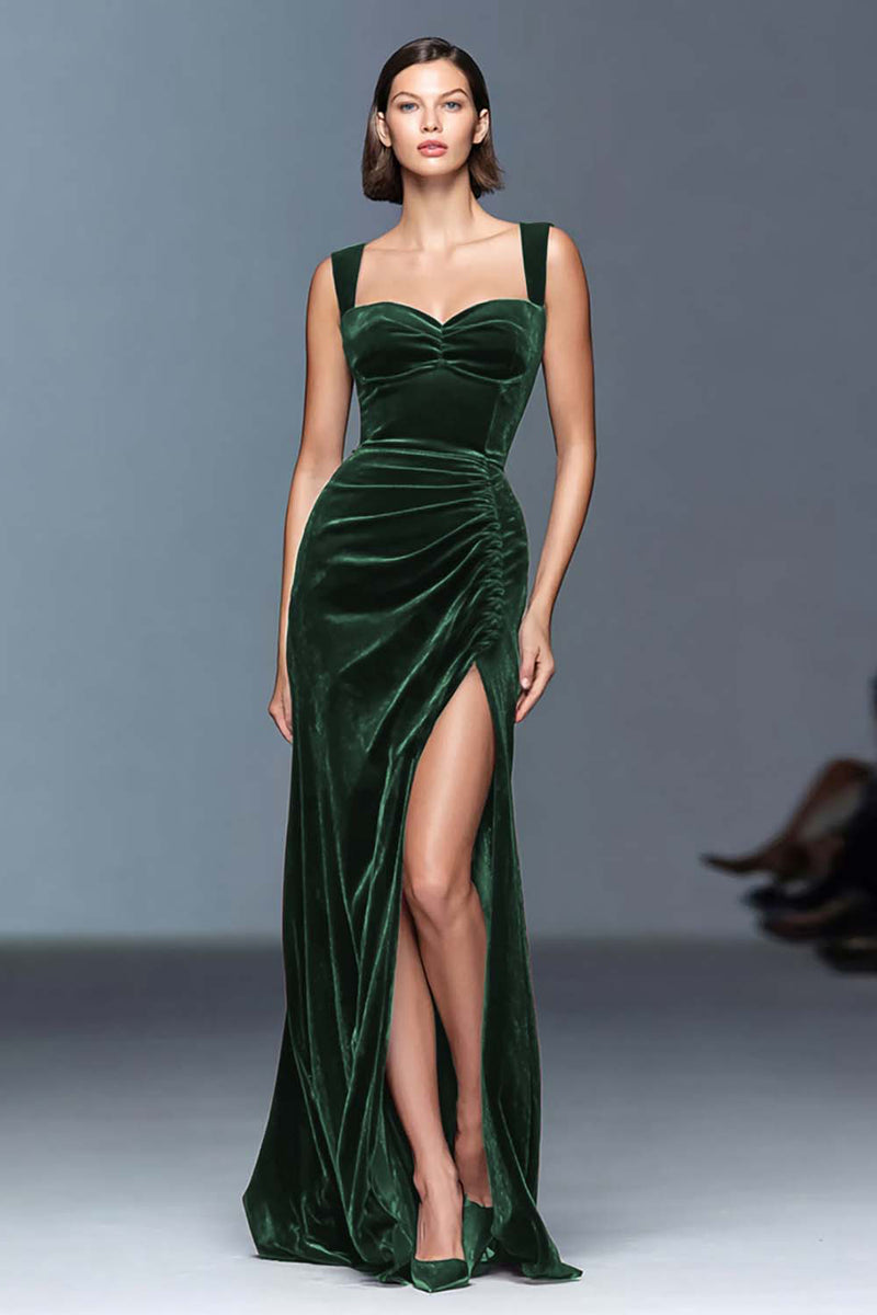 Load image into Gallery viewer, Red Velvet Ruched Long Holiday Party Dress with Slit