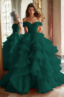 Load image into Gallery viewer, Pink Ball Gown Tulle Off the Shoulder Tiered Long Prom Dress