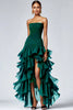 Load image into Gallery viewer, Women Dark Green Tulle Formal Dress with Slit A Line Tiered Black Tie Dress High-Low Ankle Length Strapless Long Gala Dress