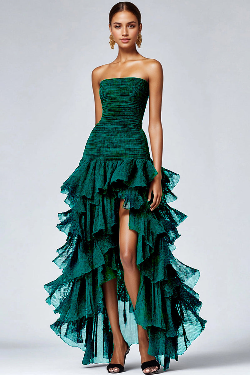 Load image into Gallery viewer, Women Dark Green Tulle Formal Dress with Slit A Line Tiered Black Tie Dress High-Low Ankle Length Strapless Long Gala Dress