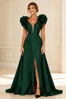 Load image into Gallery viewer, Black V-Neck A-Line Long Mother of the Bride Dress with Ruffles