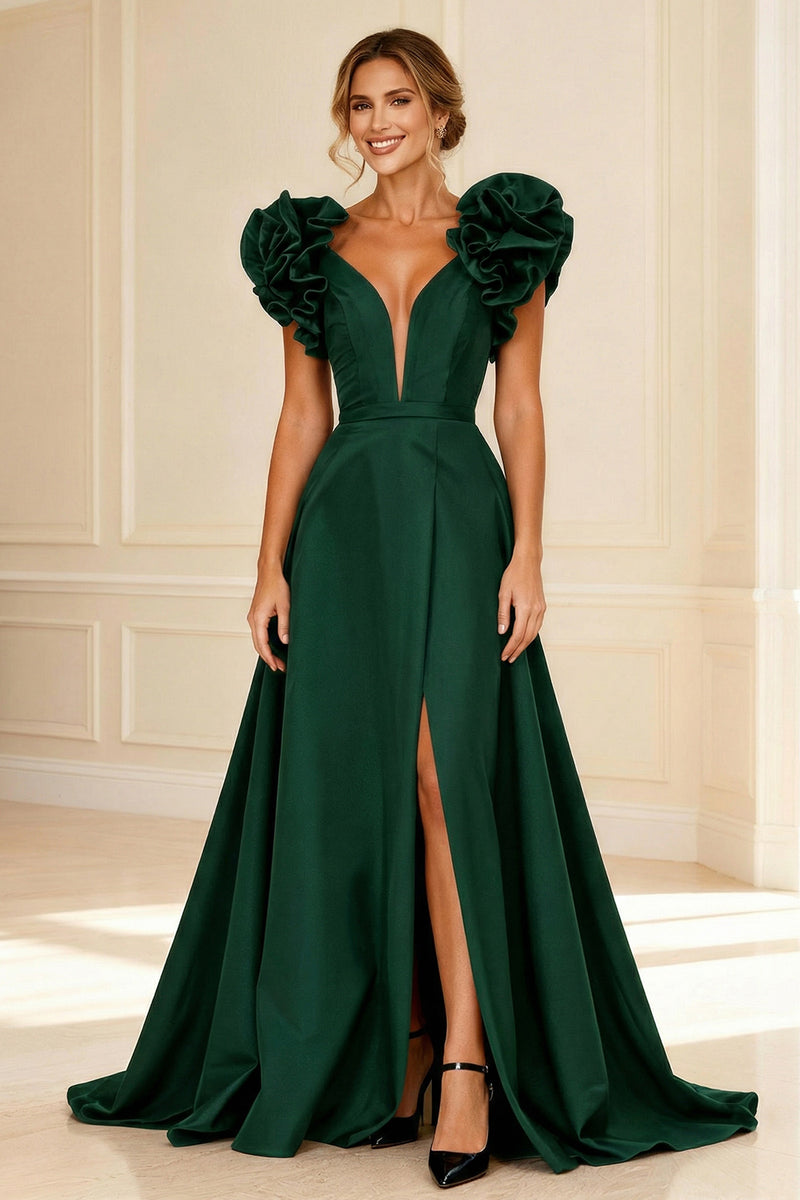 Load image into Gallery viewer, Black V-Neck A-Line Long Mother of the Bride Dress with Ruffles