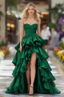 Load image into Gallery viewer, Dark Blue Ruffled Strapless High Low Prom Dress