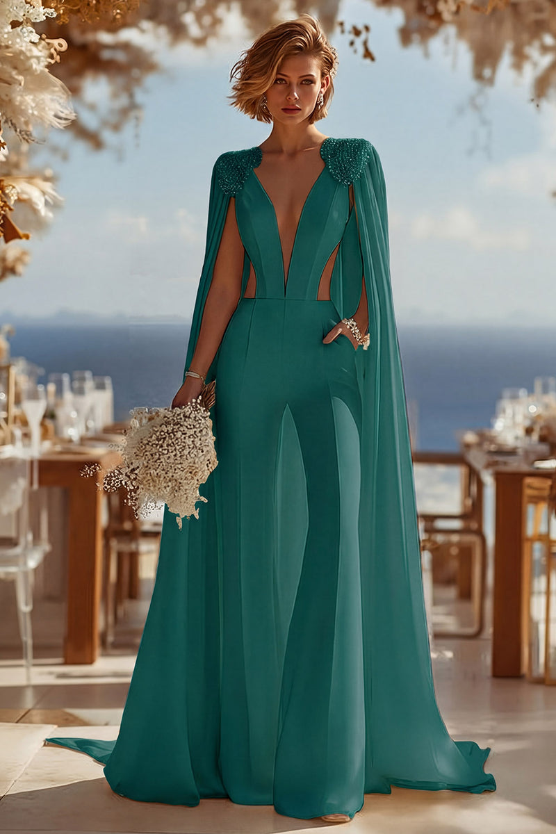 Load image into Gallery viewer, Ivory Cut Out Deep V-Neck Bridal Jumpsuits with Cape