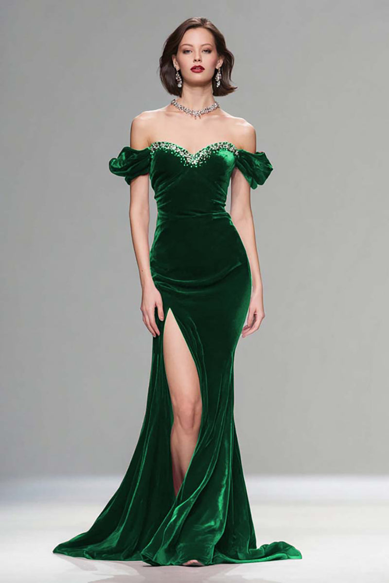 Load image into Gallery viewer, Sparkly Burgundy Mermaid Velvet Long Holiday Party Dress with Beading
