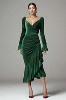 Load image into Gallery viewer, Burgundy Mermaid Ruched Velvet Holiday Party Dress with Ruffles