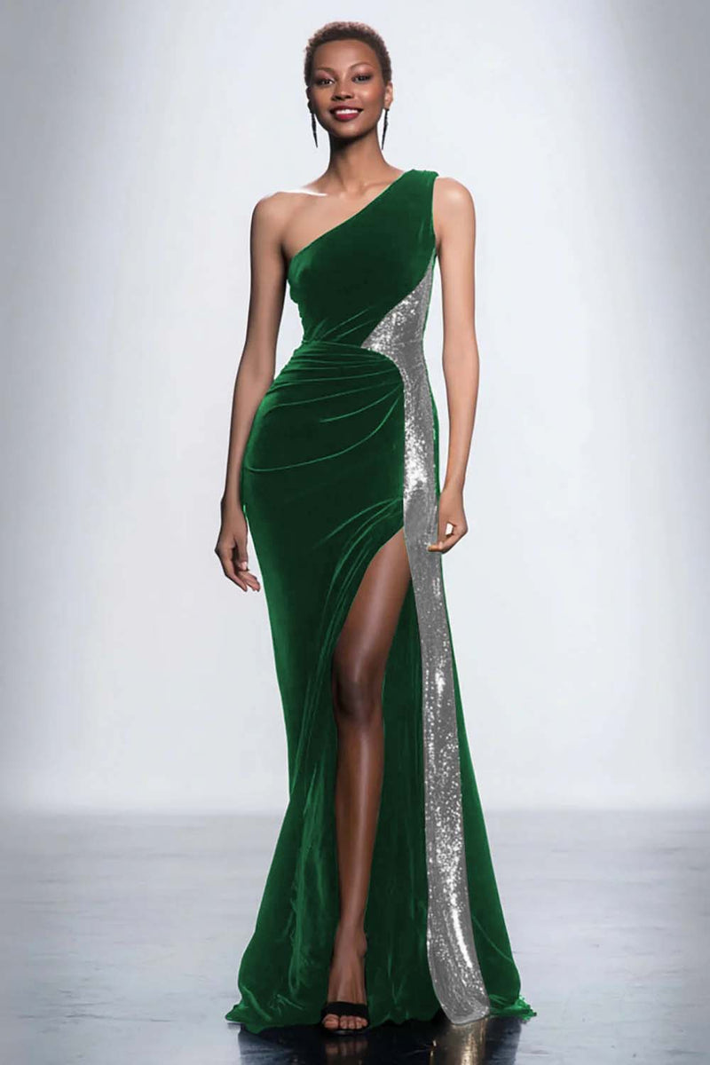 Load image into Gallery viewer, Black Velvet One Shoulder Mermaid Maxi Holiday Party Dress with Sequins