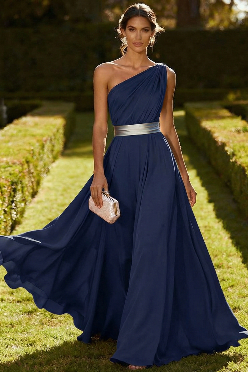 Load image into Gallery viewer, Olive Chiffon One Shoulder Ruched Long Formal Dress