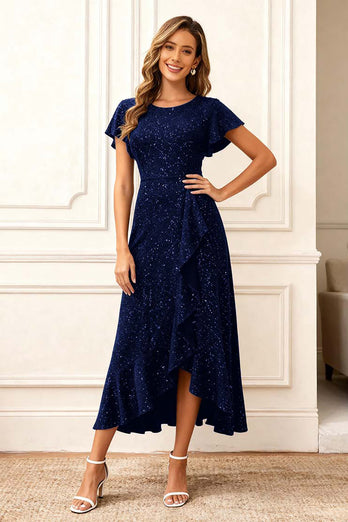 Glitter Black Round Neck Midi Holiday Party Dress with Sleeves