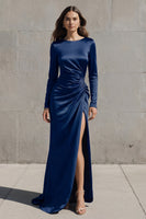 Load image into Gallery viewer, Olive Boat Neck Mermaid Long Sleeves Satin Evening Dress with Slit