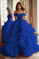 Load image into Gallery viewer, Pink Ball Gown Tulle Off the Shoulder Tiered Long Prom Dress