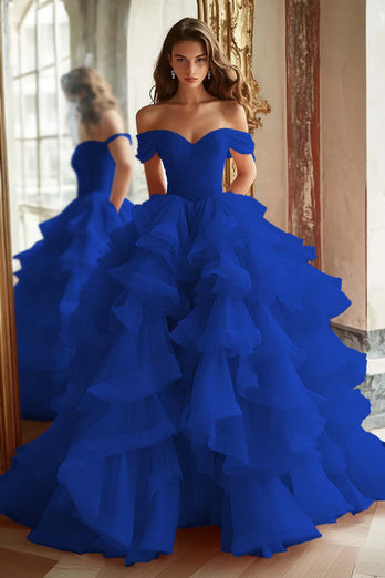 Princess Ball Gown Dusty Blue Off the Shoulder Long Tulle Prom Dress