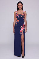 Load image into Gallery viewer, Square Neck Sheath Black Floral Beach Maxi Wedding Guest Dress with Slit