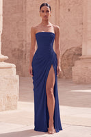 Load image into Gallery viewer, Light Pink Ruched Sheath Long Prom Dress with Slit