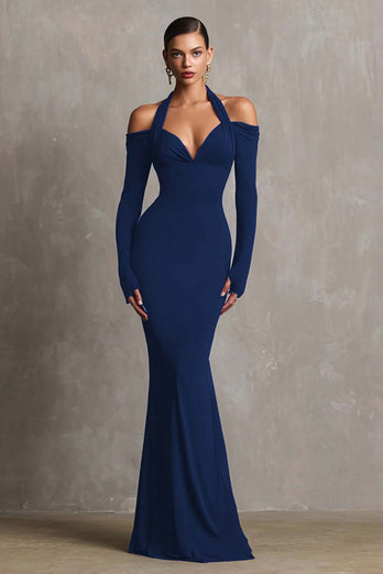 Burgundy Halter Mermaid Long Sleeves Formal Dress