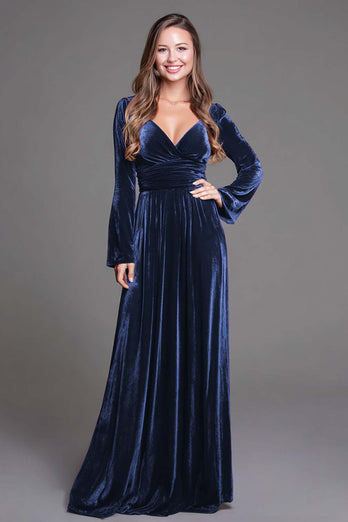Cabernet V-Neck A-Line Velvet Long Holiday Party Dress with Sleeves