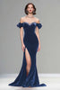 Load image into Gallery viewer, Sparkly Dark Navy Velvet Mermaid Long Holiday Party Dress with Beading