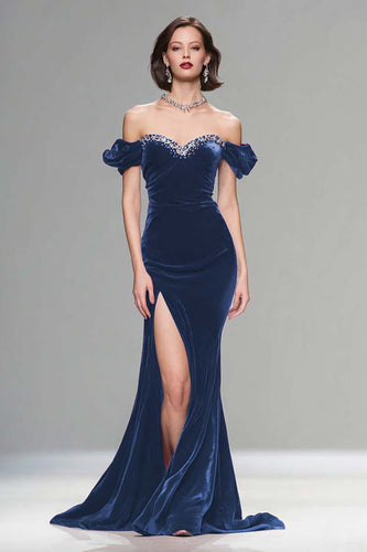 Sparkly Dark Navy Velvet Mermaid Long Holiday Party Dress with Beading