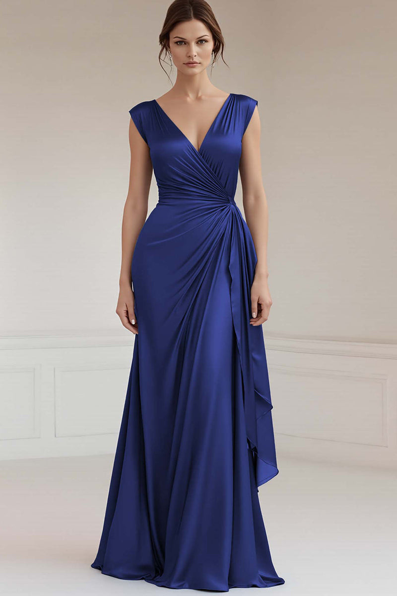 Load image into Gallery viewer, Grey Blue V-Neck Sheath Maxi Ruched Formal Dress with Ruffles