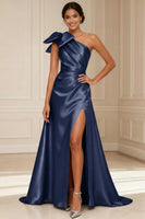Load image into Gallery viewer, One Shoulder Silver A Line Long Mother of the Bride Dress with Bow