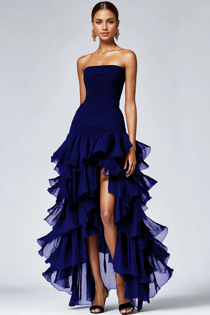 Load image into Gallery viewer, Women Dark Navy Tulle Formal Dress with Slit A Line Tiered Black Tie Dress High-Low Ankle Length Strapless Long Gala Dress