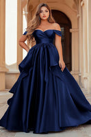 Load image into Gallery viewer, Dark Green Off the Shoulder Satin Long Prom Dress with Ruffles
