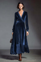 Load image into Gallery viewer, Coffee V-Neck Long Sleeves Velvet Holiday Party Dress with Lace