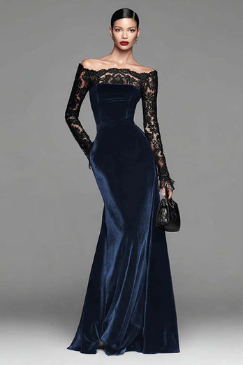 Burgundy Velvet Long Sleeves Mermaid Holiday Party Dress with Lace