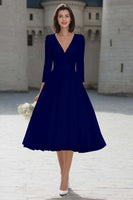 Load image into Gallery viewer, Ivory A Line V-Neck Midi Wedding Dress with Sleeves