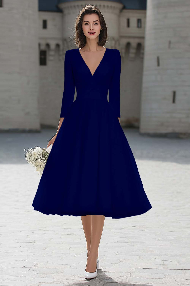 Load image into Gallery viewer, Ivory A Line V-Neck Midi Wedding Dress with Sleeves