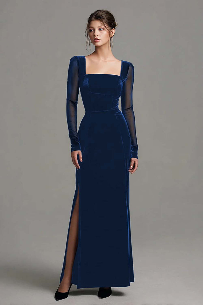 Load image into Gallery viewer, Black Velvet Sheath Long Sleeves Holiday Party Dress with Slit
