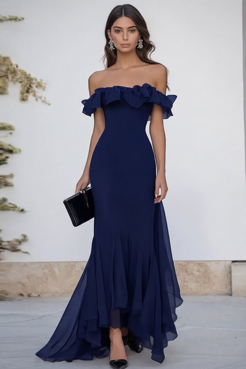 Load image into Gallery viewer, Black Mermaid Chiffon Maxi Formal Dress with Ruffles