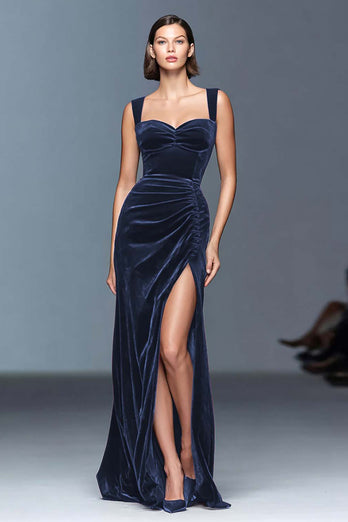 Red Velvet Ruched Long Holiday Party Dress with Slit