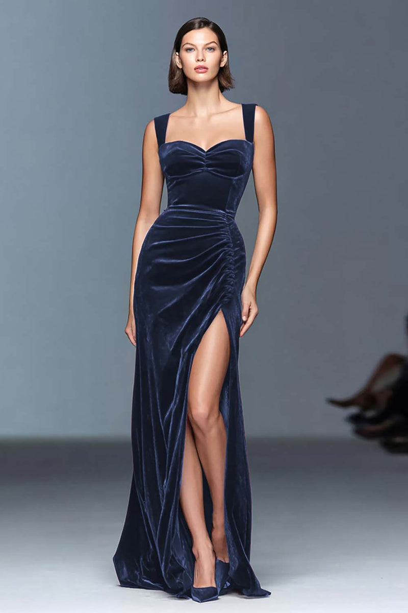 Load image into Gallery viewer, Red Velvet Ruched Long Holiday Party Dress with Slit