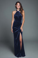 Load image into Gallery viewer, Cabernet Halter Mermaid Velvet Long Holiday Party Dress with Slit