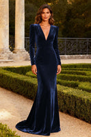 Load image into Gallery viewer, Burgundy Velvet Mermaid Maxi Formal Dress with Sleeves