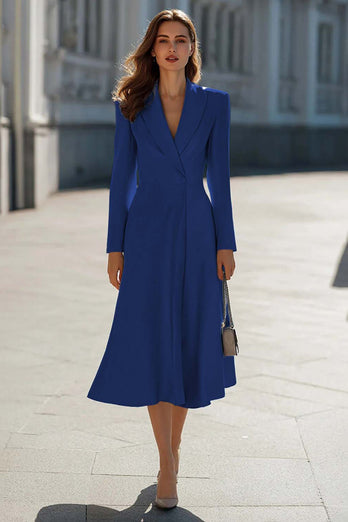 Sky Blue Satin Shawl Lapel A Line Midi Blazer Dress with Sleeves