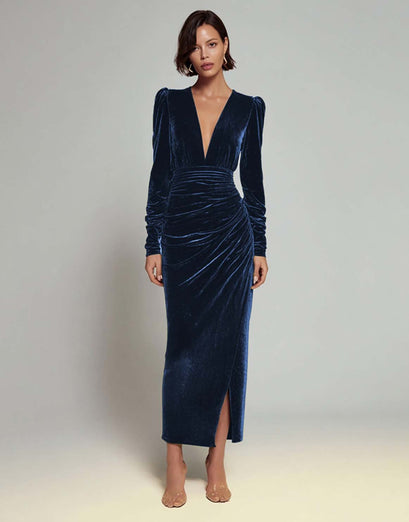 Olive Sheath Deep V-Neck Velvet Long Holiday Party Dress with Sleeves