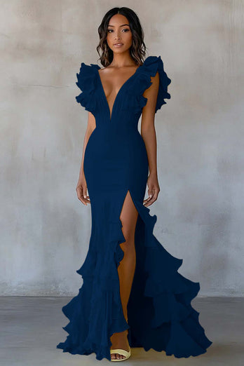 Yellow Chiffon Mermaid Ruffled Long Formal Dress with Slit