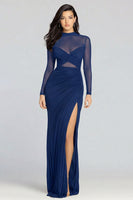 Load image into Gallery viewer, Illusion High Neck Sheath Long Sleeves Black Tie Dress with Slit