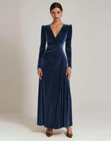 Load image into Gallery viewer, Olive A Line V-Neck Velvet Long Holiday Party Dress with Sleeves