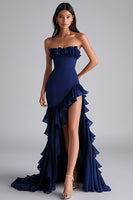 Load image into Gallery viewer, Strapless Black Tiered Long Chiffon Formal Dress with Slit