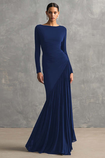 Black Mermaid Boat Neck Maxi Formal Dress with Sleeves