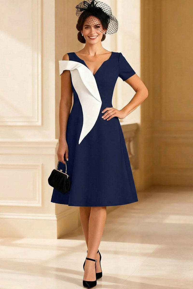 Load image into Gallery viewer, Black and White A Line V Neck Midi Mother of the Bride Dress