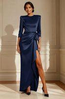 Load image into Gallery viewer, Satin Chocolate Round Neck Long Mother of the Bride Dress with Sash