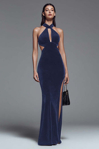 Dark Green Cut Out Mermaid Velvet Long Holiday Party Dress with Slit