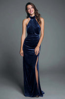 Load image into Gallery viewer, Burgundy Mermaid Halter Velvet Ruched Long Holiday Party Dress with Slit