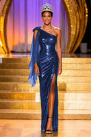 Load image into Gallery viewer, Sparkly Dark Green One Shoulder Long Sequin Pageant Dress with Slit