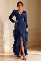Load image into Gallery viewer, Purple V Neck Asymmetrical Ruffled Mother of the Bride Dress with Slit